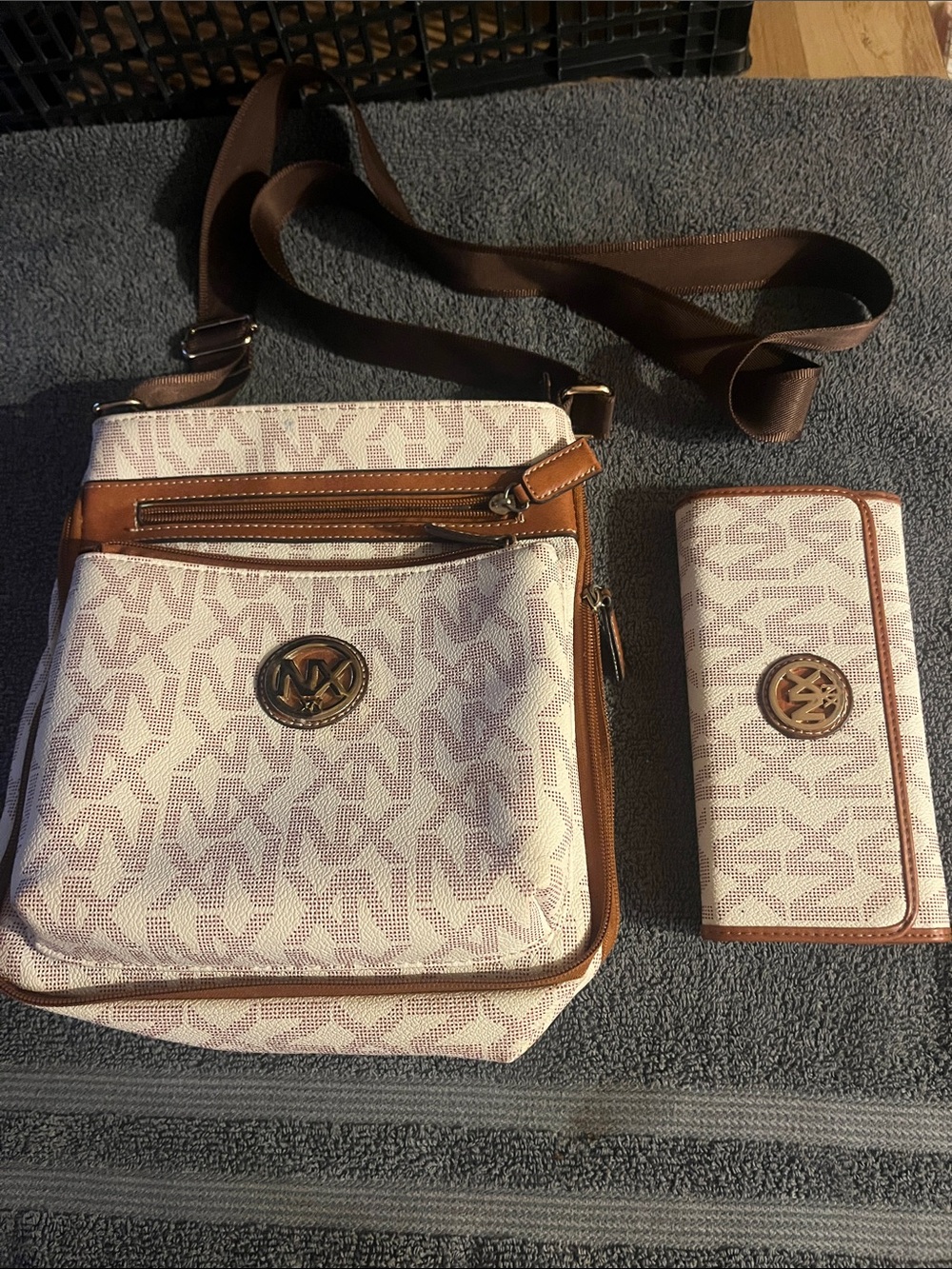 White and Brown Signature Crossbody Bag with Matching Wallet